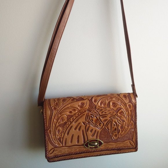 Vintage Handmade Leather Crossbody Bag Print Horse - Picture 3 of 14